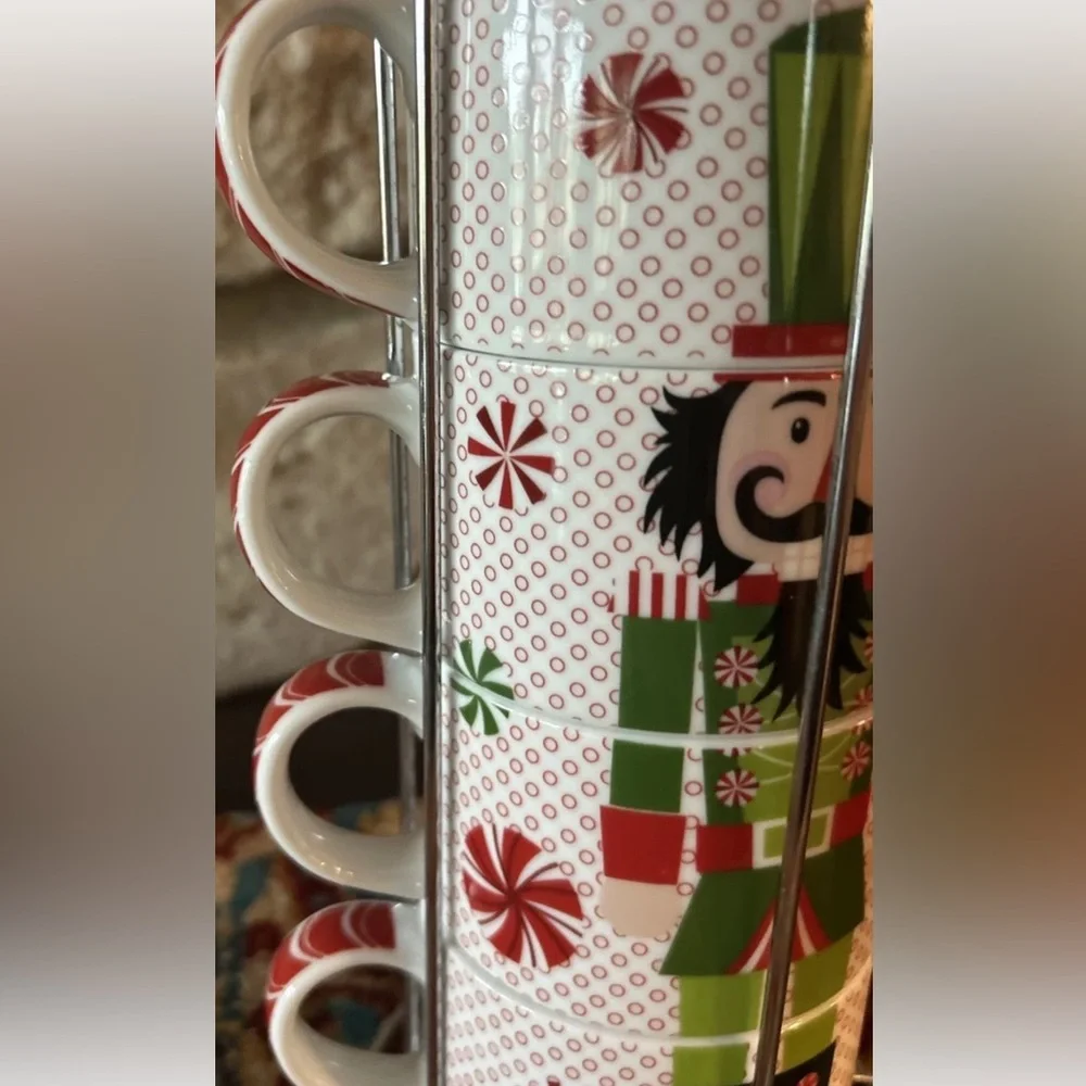 Pier 1 Christmas Nutcracker Stacking Mug Set‎ Of 4 Chrome Stand Coffee Hot Choc.